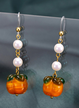 中国风琉璃南瓜耳环柿柿如意珍珠耳坠复古长款耳饰个性民族风耳钉