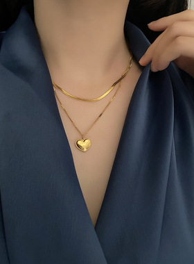 钛钢项链女气质桃心双层锁骨链