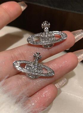 甜酷少女辣妹满钻土星耳环简约ins风小众设计高级感潮流时尚耳饰