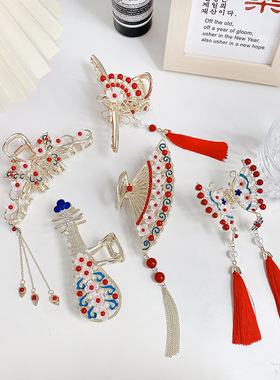 CCYOUPIN新款国潮民族风京剧珍珠花朵蝴蝶流苏发夹抓夹鲨鱼夹发饰