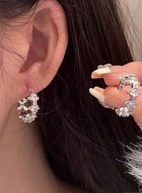 高版本西太后暗黑系紫钻连体多土星竹节耳环女设计感精致镶钻轻奢