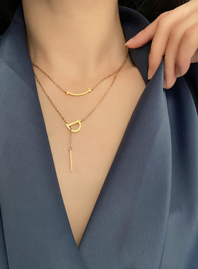 时尚双层D字母微笑吊坠项链女