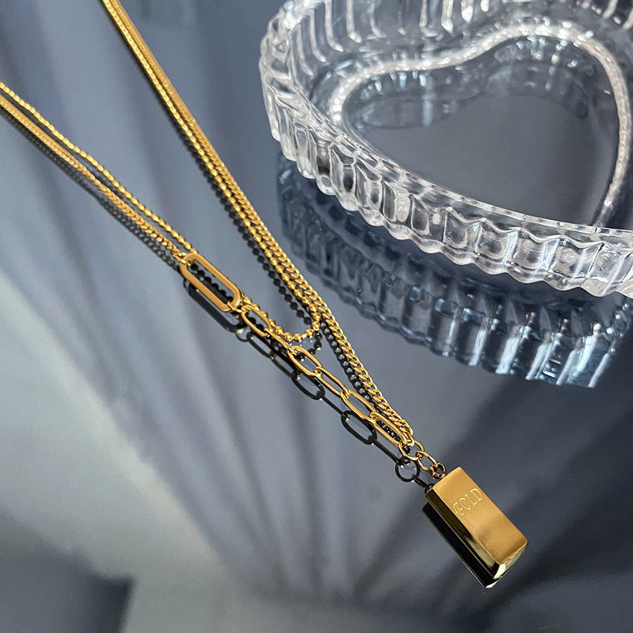 金砖小方块轻奢锁骨链女式百搭双层叠戴项链钛钢不掉色精致潮饰品