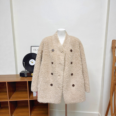 沃雪暖阳 全羊毛羊羔毛休闲风双排扣新皮毛一体皮草外套女中长款