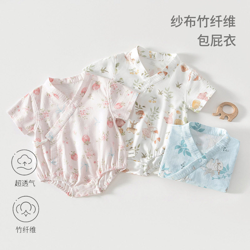 婴儿纱布包屁衣夏季短袖竹纤维斜襟连体衣系带透气亲肤爬服和尚服