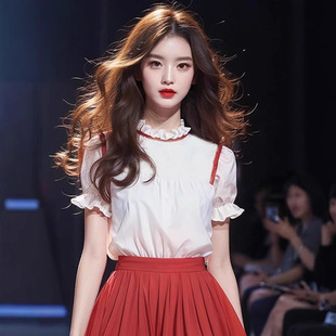 欧美夏装搭配一整套时尚白色衬衫红色半身裙chic甜辣套装奶系穿搭