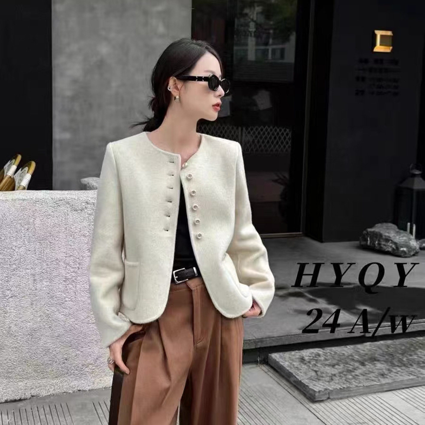 气质双面羊绒大衣女短款2025新款时尚小香风毛呢外套时髦