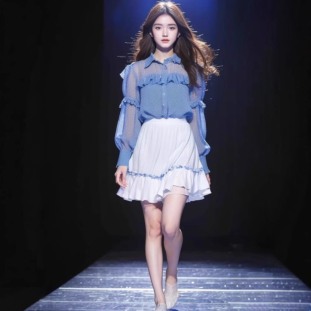 欧美夏季茶系穿搭一整套小众设计感洋气减龄蓝色木耳边衬衫套装裙