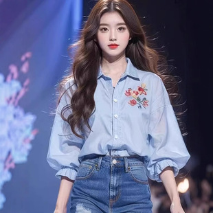 欧美春夏款 蓝色刺绣衬衫 女装 国风今年流行漂亮减龄盐系衬衣 新中式