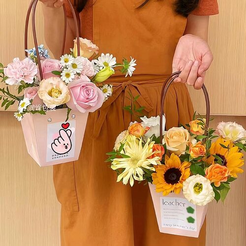 牛皮纸鲜花防水手提插花盒