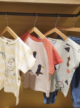 出口韩国大牌男童女童纯棉黄色条纹短袖T恤