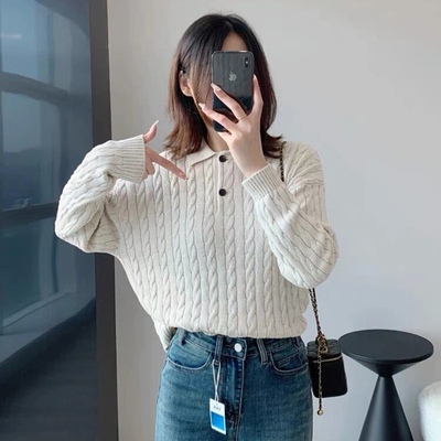 现货BC同源新款满天星闪耀亮片POLO领绞花毛衣女士针织衫