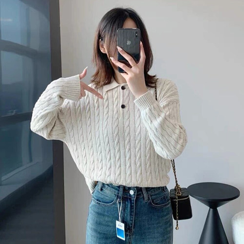 现货BC同源新款满天星闪耀亮片POLO领绞花毛衣女士针织衫