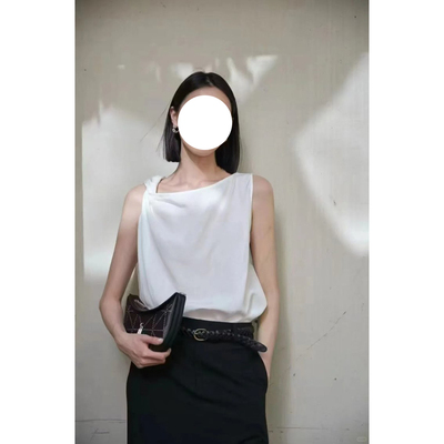 现货ed同源女装2025夏新款t恤女新款不对称扭结天丝亚麻解构上衣