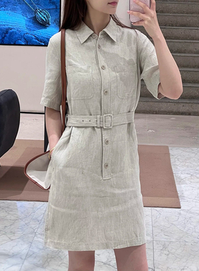 现货ICIC小禾 同源2025夏季新款简约短袖纯色亚麻斜纹及膝连衣裙