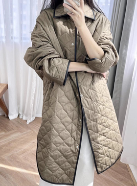 现货TOT同源女装 23年新款沼泽绿色绗缝茧型棉质中长款大衣外套