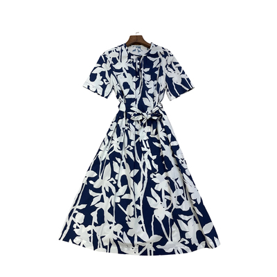 现货ICIC小禾 同源女装2025春季新款抽象植物蓝印花布长款连衣裙