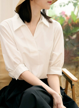 现货25春夏深圳南油新款棉弹白色细布V领短袖衬衫女士上衣