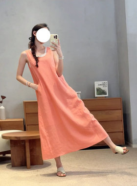 现货ICIC小禾同源百分百亚麻三文鱼日出茧形裙会呼吸的麻连衣裙