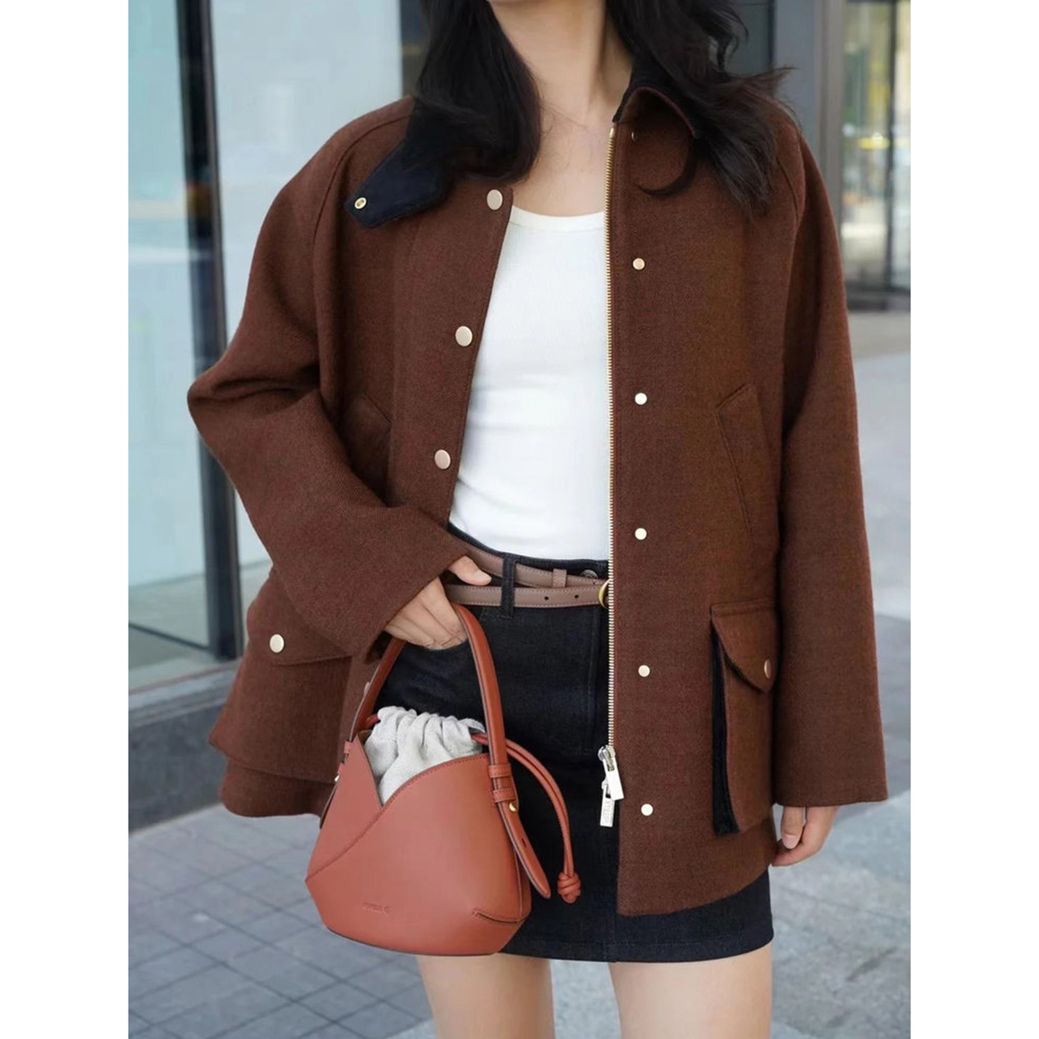 现货ICIC小禾【高智感巴恩风】新款双面双色羊毛混纺提花中长大衣