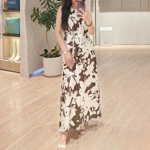 现货Laur同款桑蚕丝挂脖领花朵长裙连衣裙
