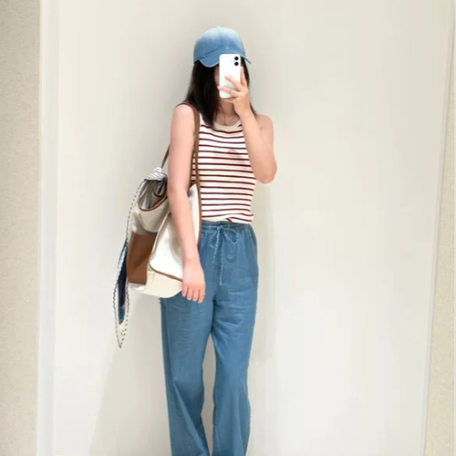 现货ICIC小禾同源女装新款斜纹棉弹薄牛仔布阔腿裤环保牛仔系列