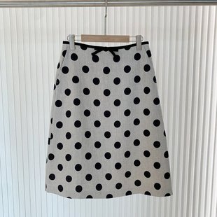 现货ICIC小禾同源波点系列女装新款斜纹亚麻及膝半身裙淡人