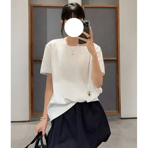 现货JN同源25夏季新品短袖T恤女 金属扣斜下摆短袖上衣