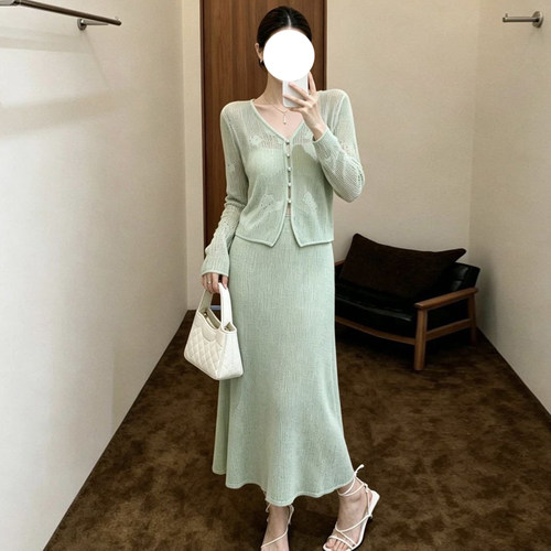 SW同源天丝亚麻混纺镂空针织衫女夏新款绿绒蒿上衣
