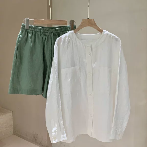 现货ICIC小禾同源2025年春夏交织天然亚麻衬衫 小圆领无领设计