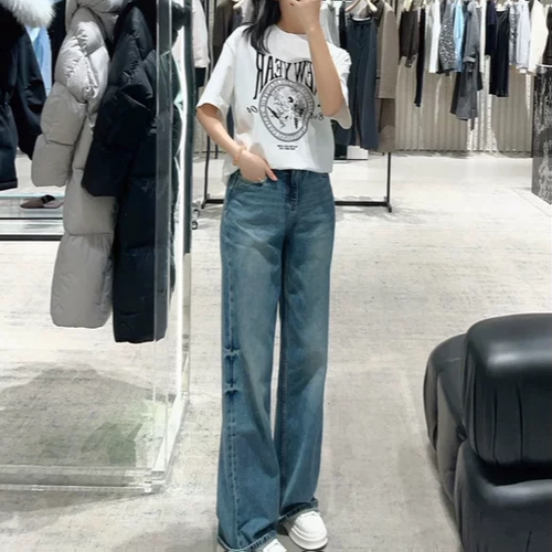 现货Moc同源牛仔裤新品洗磨棉质手磨猫须精裁高腰阔腿裤