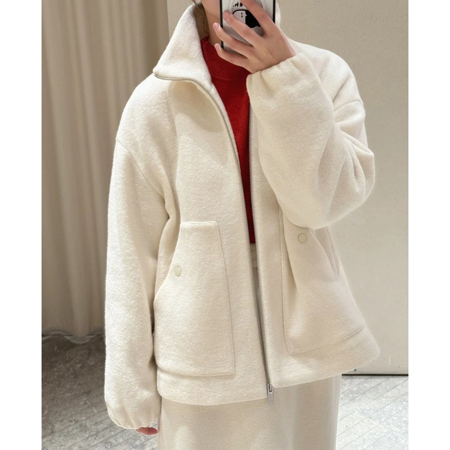 现货ICIC小禾同源女装冬季强缩羊毛针织布立领外套