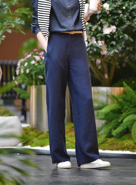 现货ICIC小禾同源女装新款藏青亚麻平纹阔腿裤