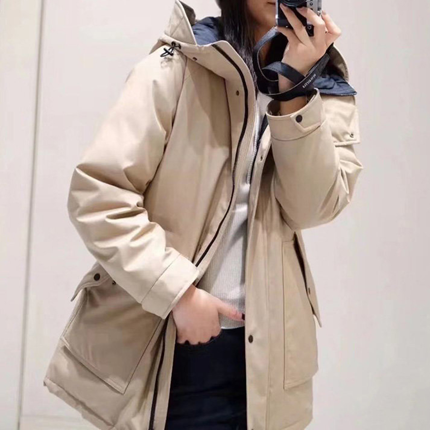 现货ICIC小禾同源白鹅绒中长款羽绒服收腰连帽派克服厚冬季外套女