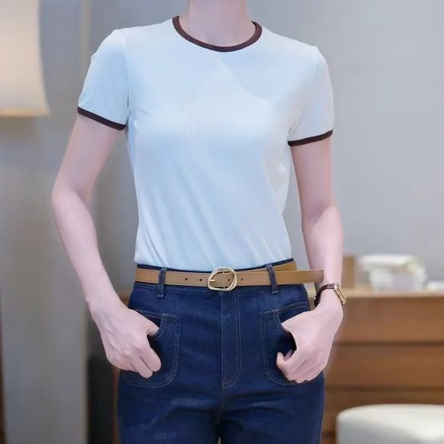现货ICIC小禾同源女装2025新款棉丝弹力罗纹T恤短袖圆领上衣