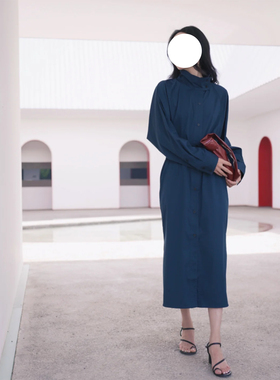 现货ed同源连衣裙女新款风衣式复古知性衬衫裙罗马系列湖蓝色裙