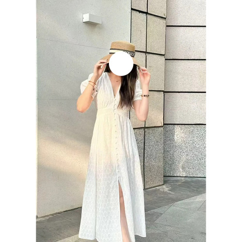 现货 DV同源深圳南油法式减龄V领棉质茶歇泡泡袖短袖连衣裙