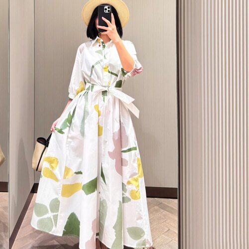 现货Max同源深圳南油 2025春夏新品女装棉府绸印花衬衫式连衣裙