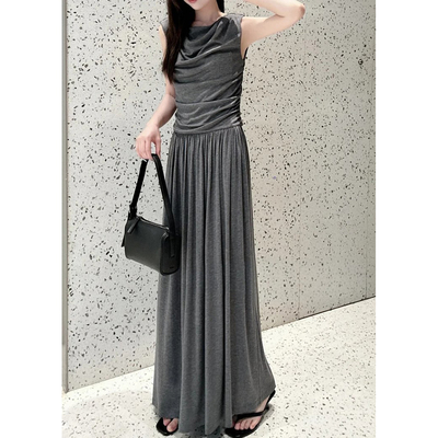 现货MO同源连衣裙新品含天丝桑蚕丝轻薄中捏褶垂荡长裙