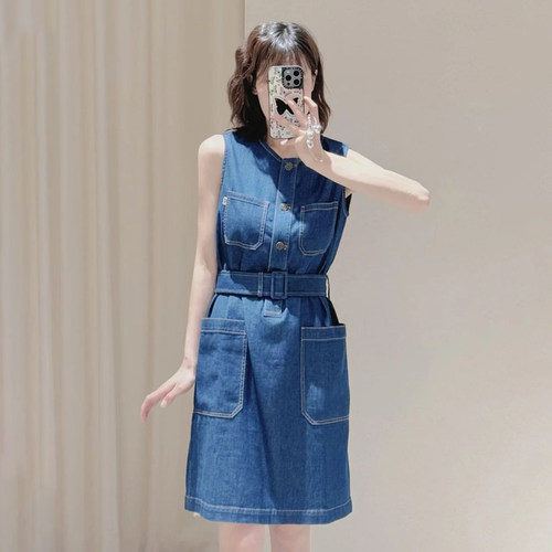 现货ICIC小禾 同源女装春季轻薄棉弹牛仔及膝连衣裙