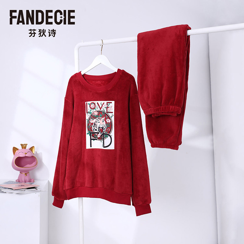 芬狄诗潮趣秋冬男童女童睡衣加厚红色喜庆儿童家居服套装FLK0269