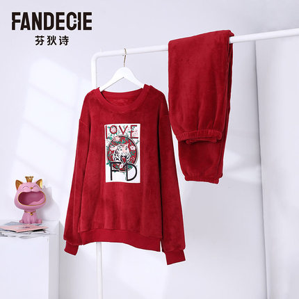 芬狄诗潮趣秋冬男童女童睡衣加厚红色喜庆儿童家居服套装FLK0269