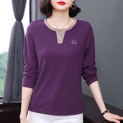 纯棉长袖t恤女春秋2025新款中年妈妈上衣大码胖mm宽松显瘦打底衫