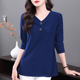 t恤女装 2025秋冬新款 中年妈妈洋气v领上衣大码 长袖 胖mm遮肚打底衫
