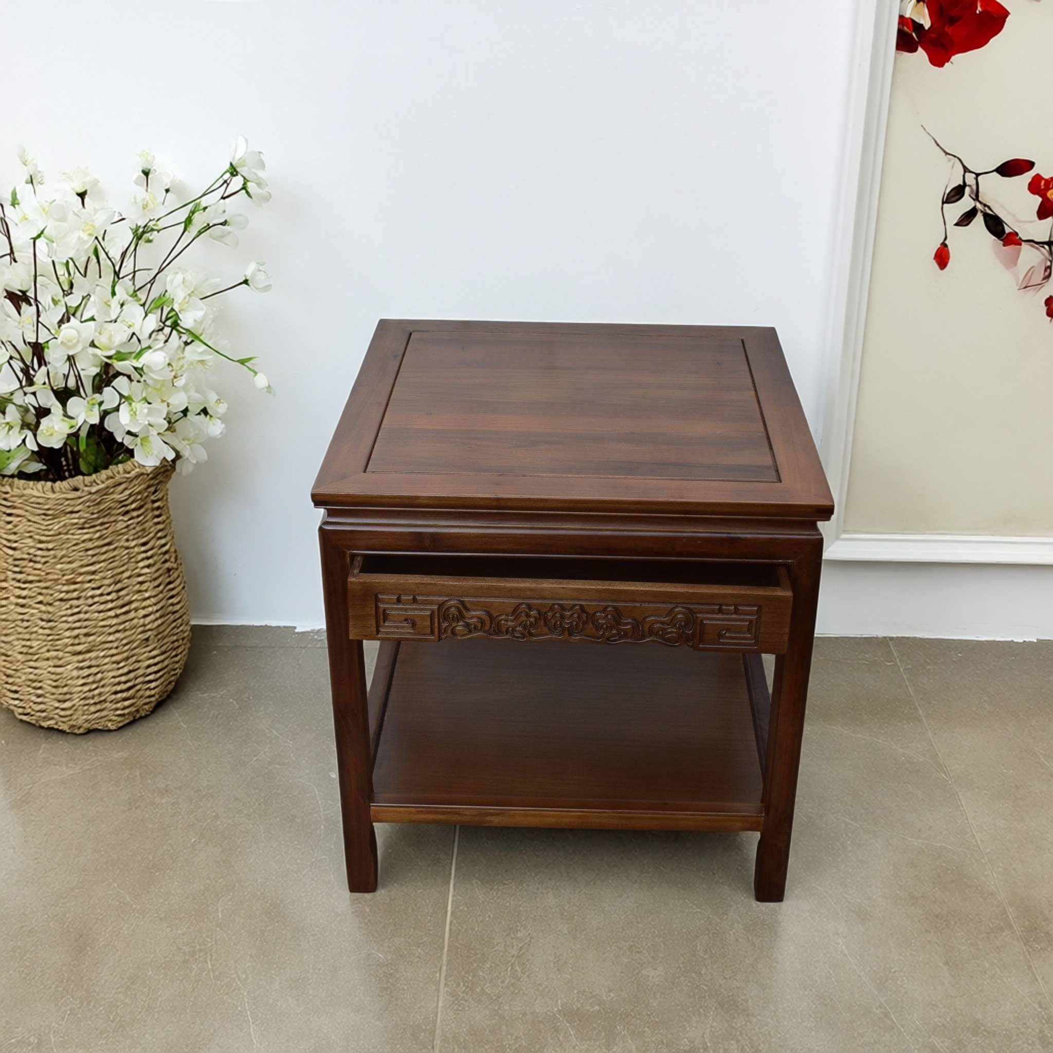 实木角几边几沙发边几中式古典雕花整装客厅储物茶桌方形抽屉设计