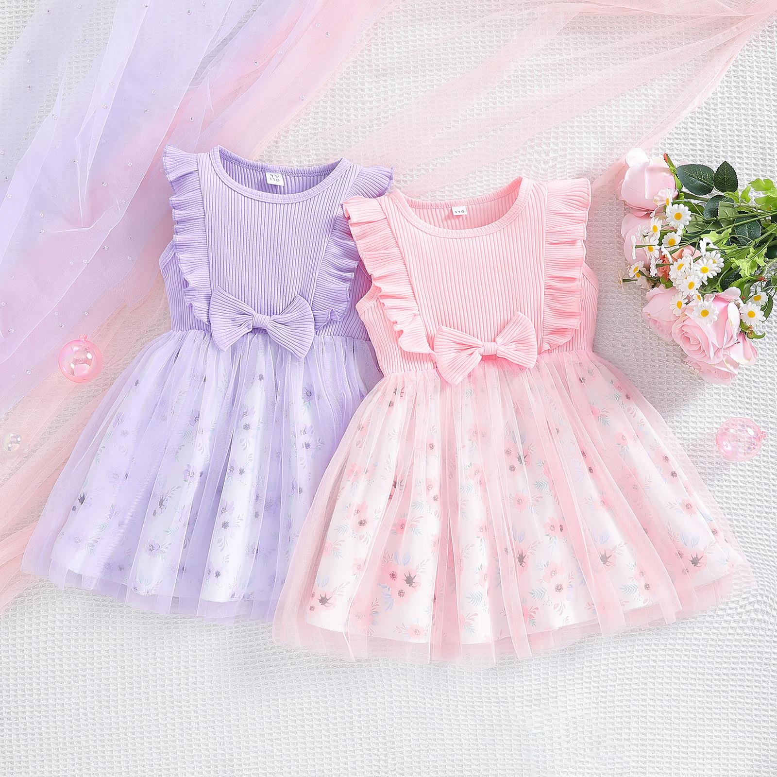 2025新款女童无袖连衣裙甜美中小童蝴蝶结网纱裙欧美儿童A字裙棉