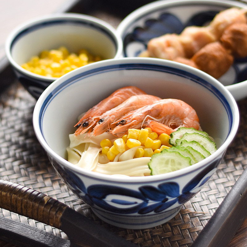 波佐见烧手绘蓝海草餐具套装日本进口餐盘面碗饭碗盘子茶具家用