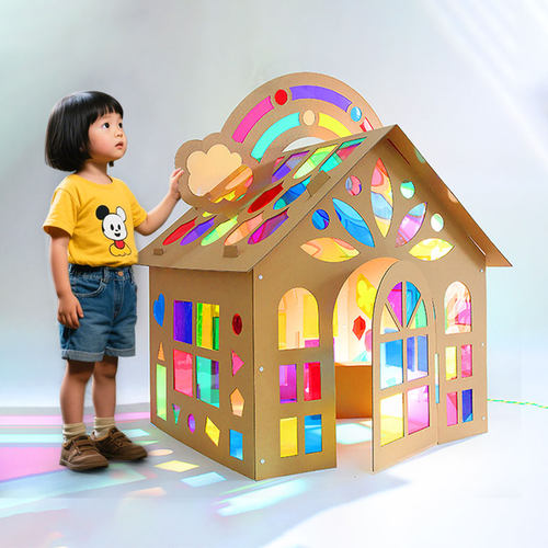 儿童纸板纸壳彩色光影房子蝴蝶彩虹小屋手工diy宝宝玩具房玻璃片