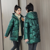 冬季 免洗亮面棉服女2024韩版 棉衣女中长款 宽松加厚连帽羽绒棉外套