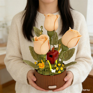 吻里永生花积木绽放花园电动玫瑰花束小颗粒玩具模型模拟浇花跨境